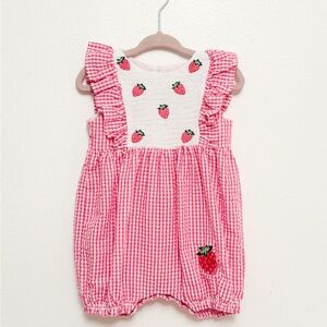 Bonnie Baby Pink Gingham Romper with Strawberry Embroidery